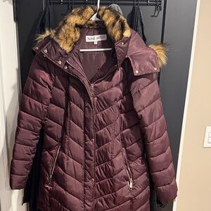 Nine West Maroon Puffer Jacket with Faux Fur